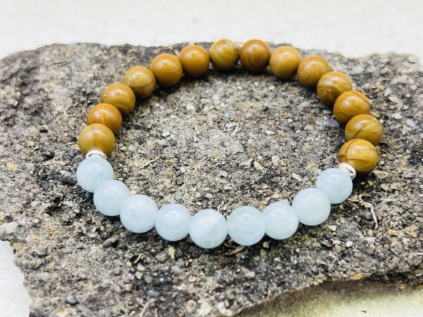 Bracelet Bois fossilisé & Aigue-marine 8mm