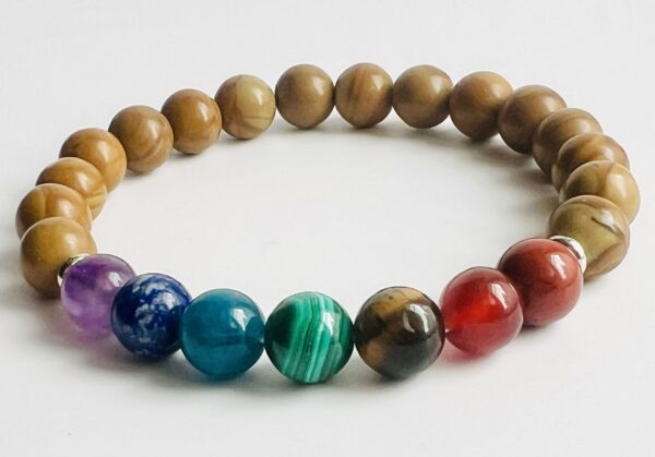 Bracelet Bois fossilisé & Pierres des Chakras 8mm – Image 3